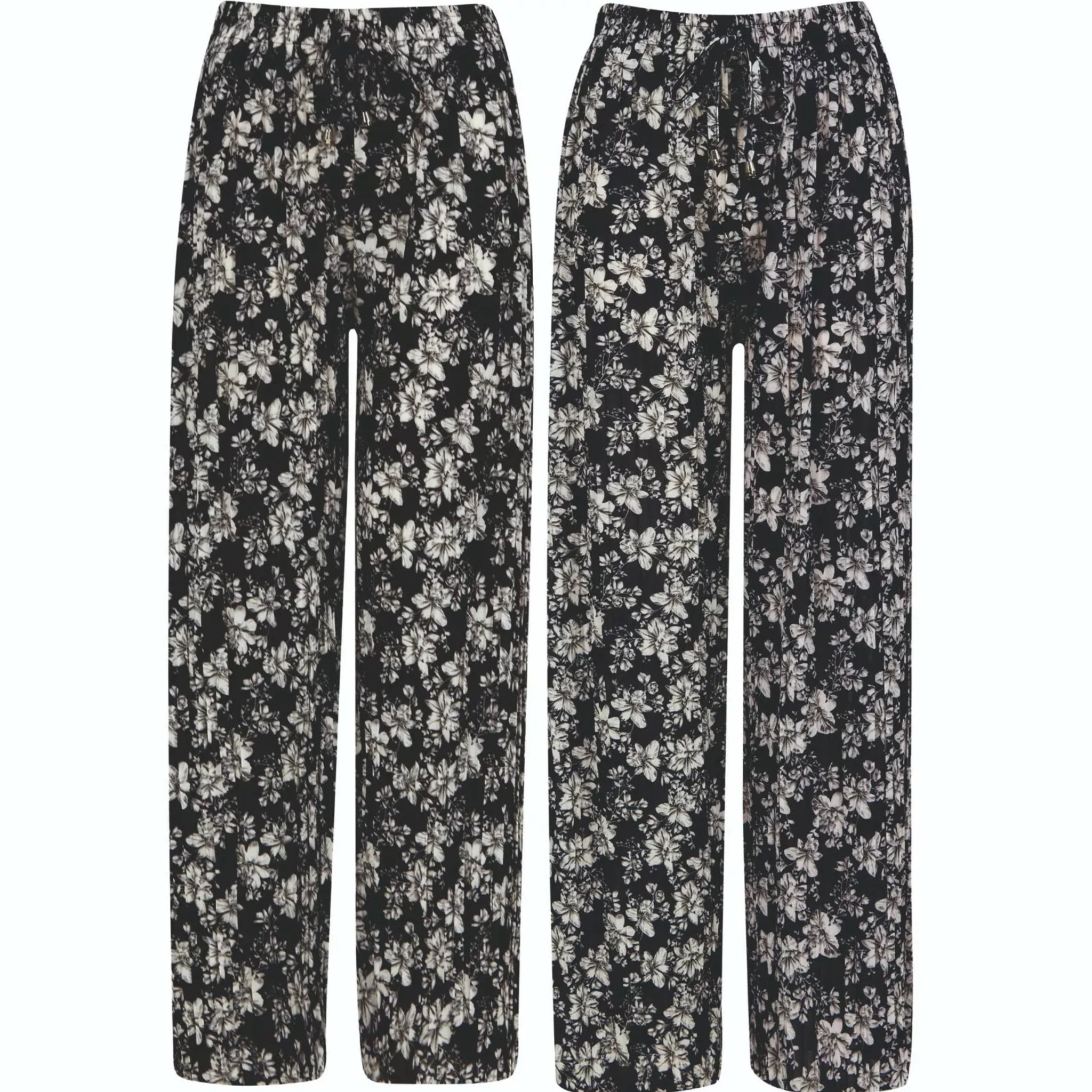 Ladies black or navy floral print harem palazzo trousers with elastic waistband and drawstring